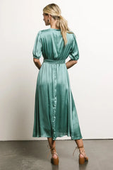 V-Neck Satin Midi Dress in Seafoam - FINAL SALE