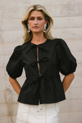 Natalia Peplum Tie Blouse in Black - FINAL SALE