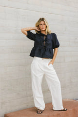 Natalia Peplum Tie Blouse in Dark Wash - FINAL SALE