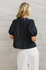 Natalia Peplum Tie Blouse in Dark Wash - FINAL SALE
