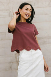 Nia Eyelet Lace Cropped Tee in Wine - FINAL SALE