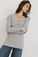 Ribbed Button Front Top in Grey - FINAL SALE