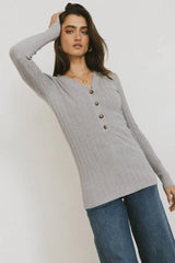 Ribbed Button Front Top in Grey - FINAL SALE