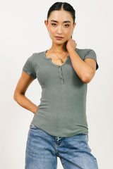 Serena Henley Top in Sage - FINAL SALE