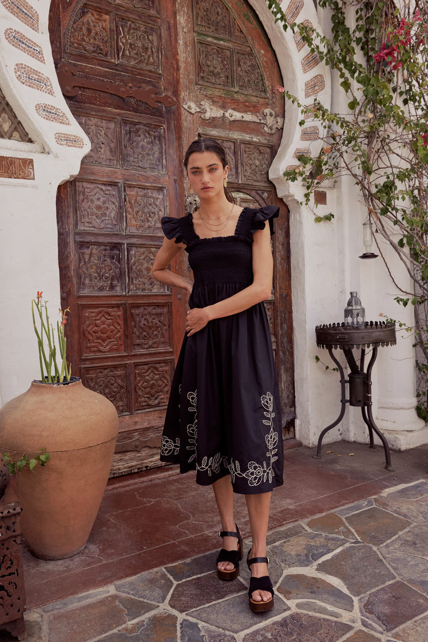 Lane Embroidered Midi Dress in Black - FINAL SALE