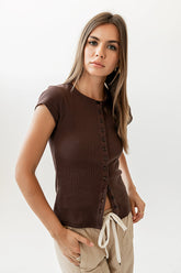 Vestia Button Up Tee in Brown
