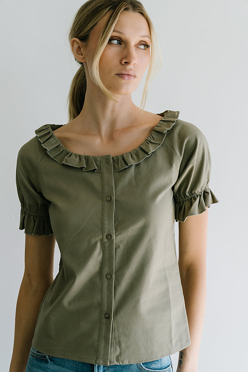 Connie Ruffle Blouse in Olive - FINAL SALE