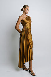 Asymmetrical Pleated Maxi Dress in Gold - FINAL SALE