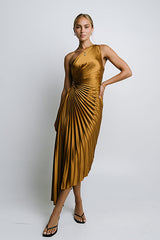 Asymmetrical Pleated Maxi Dress in Gold - FINAL SALE