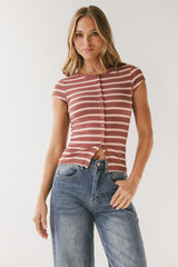 Vestia Striped Button Up Tee in Pink - FINAL SALE