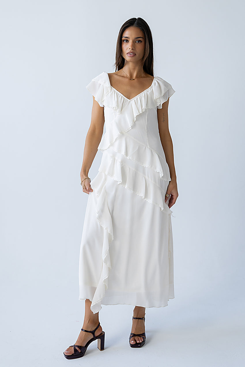 Quinton Ruffle Maxi Dress in Cream - FINAL SALE