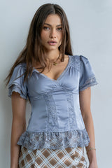 Brittany Satin Top in Blue - FINAL SALE