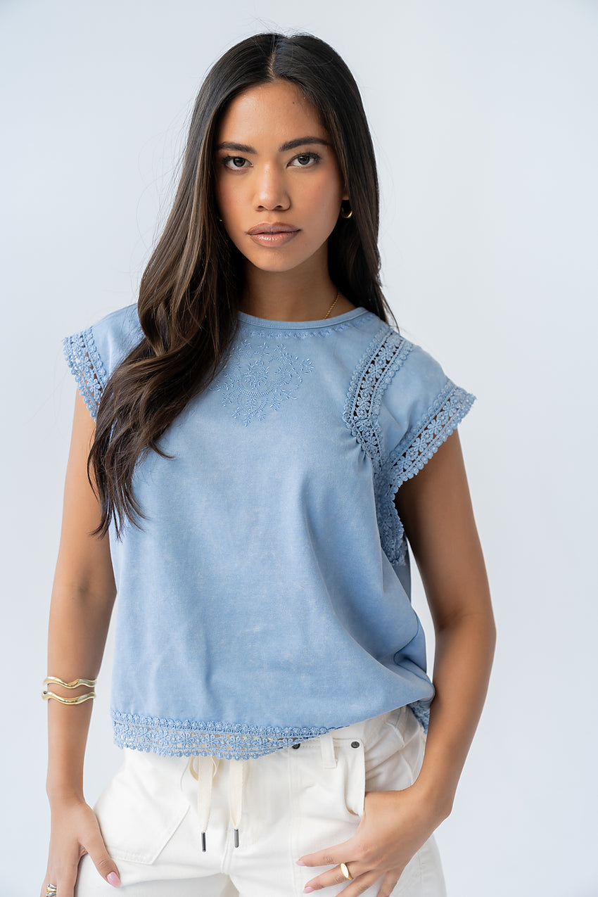 Maisey Embroidered Top in Blue