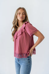 Lilian Lace Trim Top in Berry - FINAL SALE