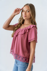 Lilian Lace Trim Top in Berry - FINAL SALE