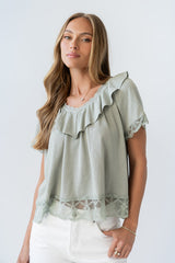 Lilian Lace Trim Top in Sage - FINAL SALE