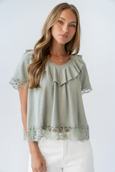 Lilian Lace Trim Top in Sage - FINAL SALE