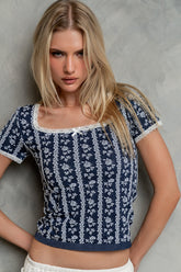 Juliet Floral Seamless Top in Navy - FINAL SALE