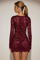 Sheer Scalloped-Lace Long-Sleeve Mini Dress in Wine Red