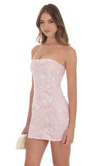 Strapless Floral Sequin Bodycon Dress in Pink