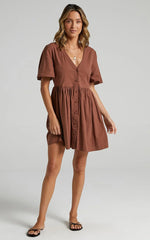 Staycation Mini Dress - Smock Button Up Dress in Chocolate