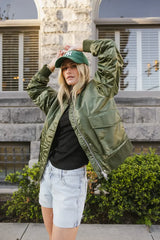 Rylee Satin Bomber Jacket in Green - FINAL SALE
