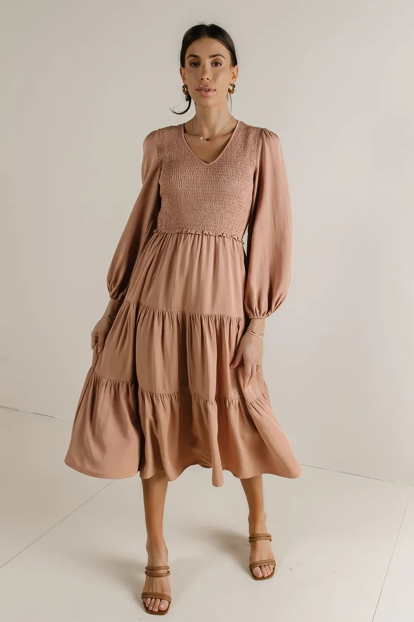 Smocked Tiered Midi Dress in Pink - FINAL SALE