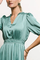 V-Neck Satin Midi Dress in Seafoam - FINAL SALE