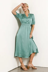 V-Neck Satin Midi Dress in Seafoam - FINAL SALE