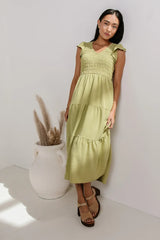 Rain Smocked Midi Dress in Green - FINAL SALE