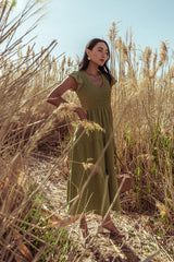 Rain Smocked Midi Dress in Green - FINAL SALE