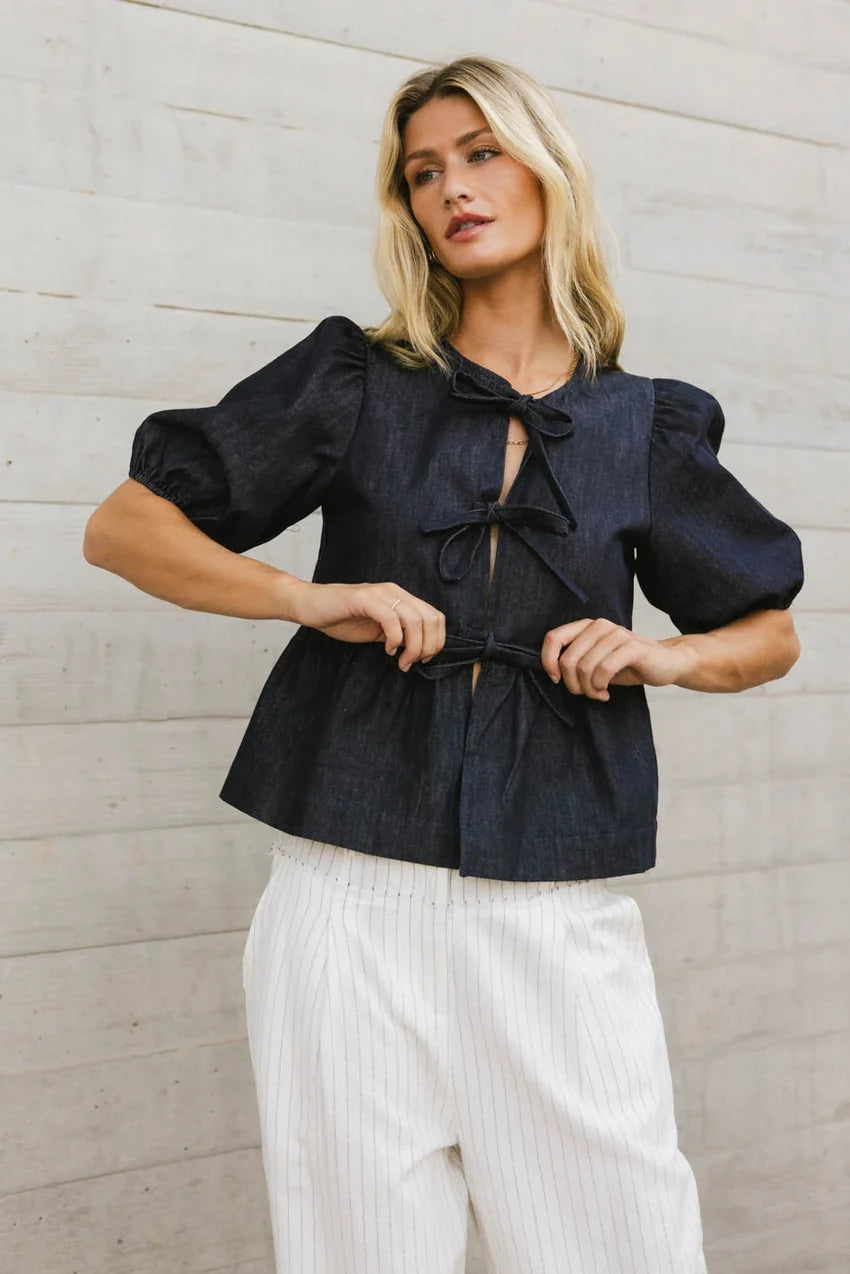Natalia Peplum Tie Blouse in Dark Wash - FINAL SALE