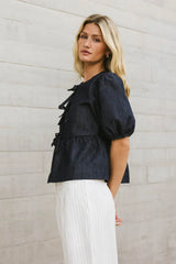Natalia Peplum Tie Blouse in Dark Wash - FINAL SALE