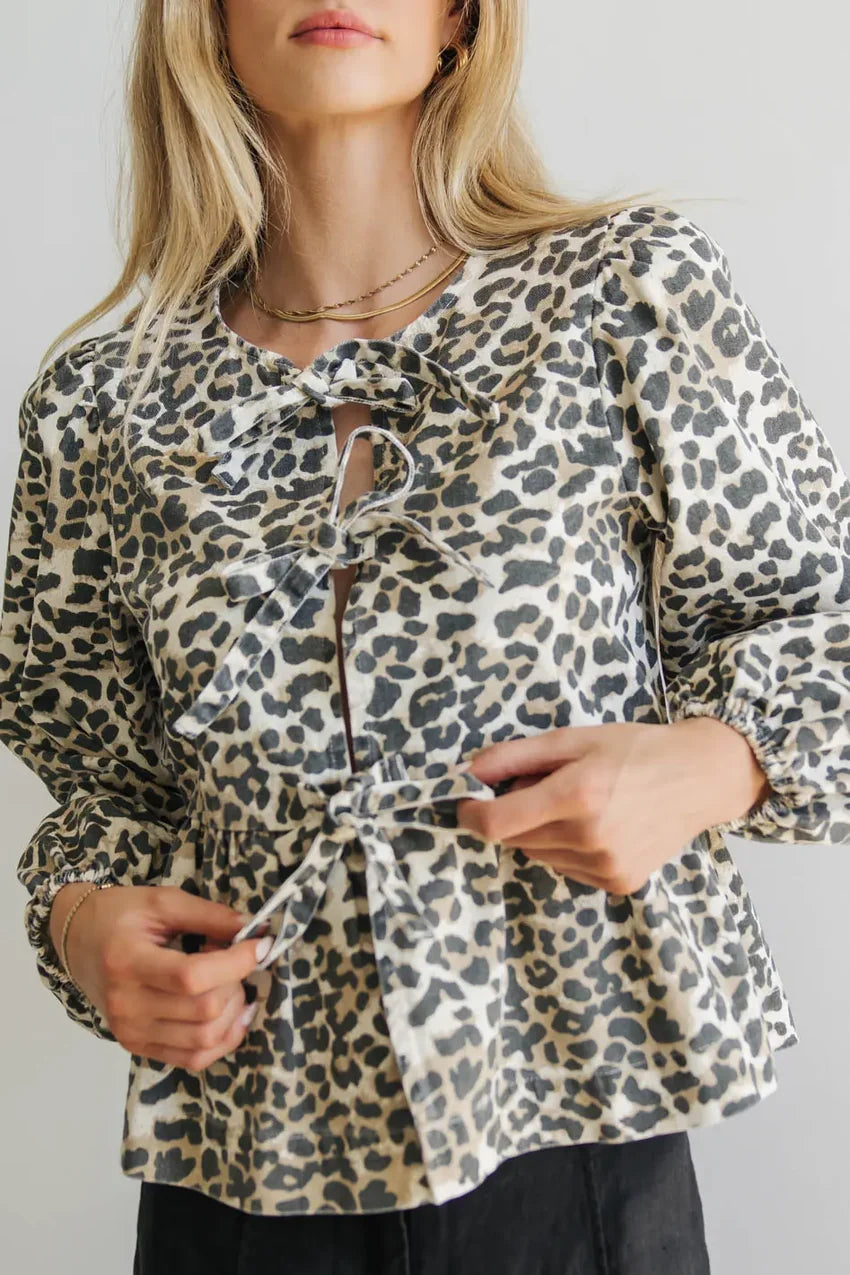 Maggie Peplum Tie Blouse in Leopard - FINAL SALE