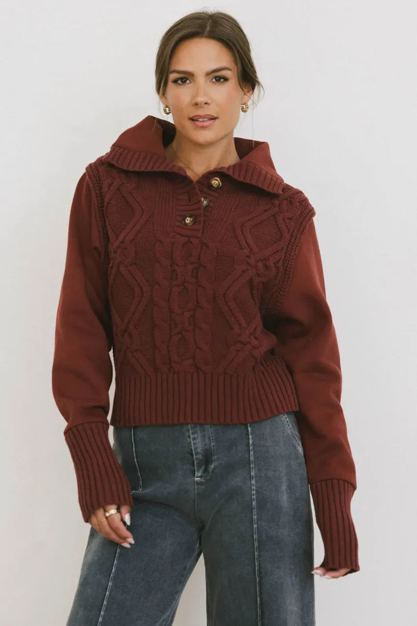 Irene Cable Knit Sweater in Burgundy - FINAL SALE