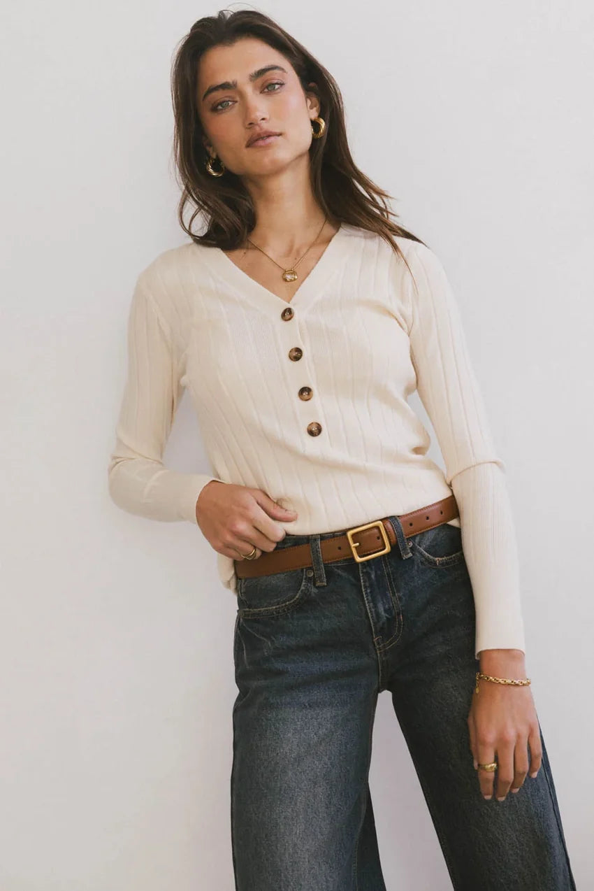 Ribbed Button Front Top in Ivory - FINAL SALE