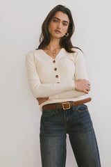 Ribbed Button Front Top in Ivory - FINAL SALE