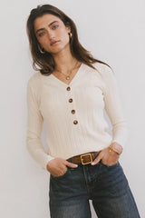 Ribbed Button Front Top in Ivory - FINAL SALE
