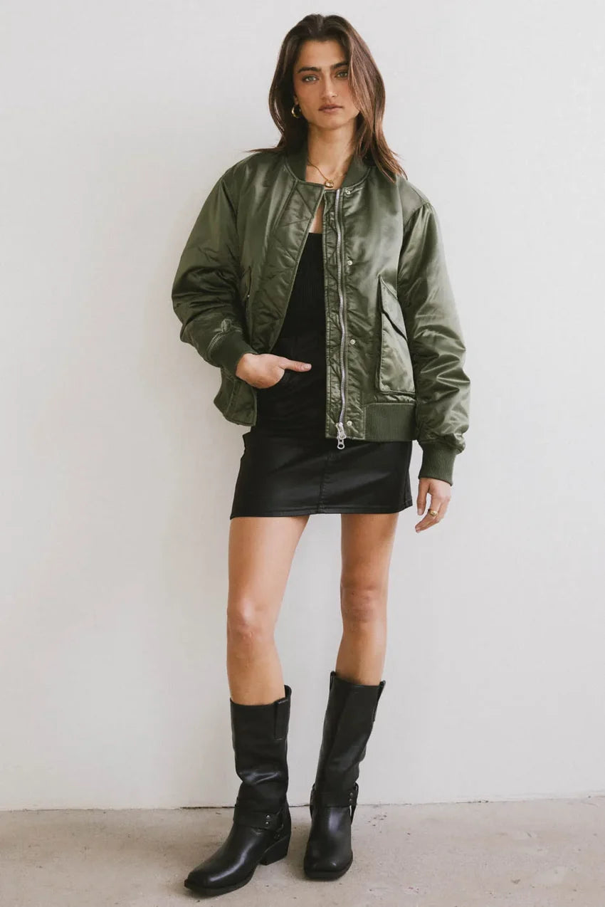 Rylee Satin Bomber Jacket in Green - FINAL SALE