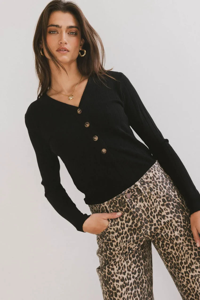 Ribbed Button Front Top in Black - FINAL SALE