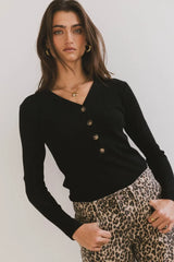 Ribbed Button Front Top in Black - FINAL SALE