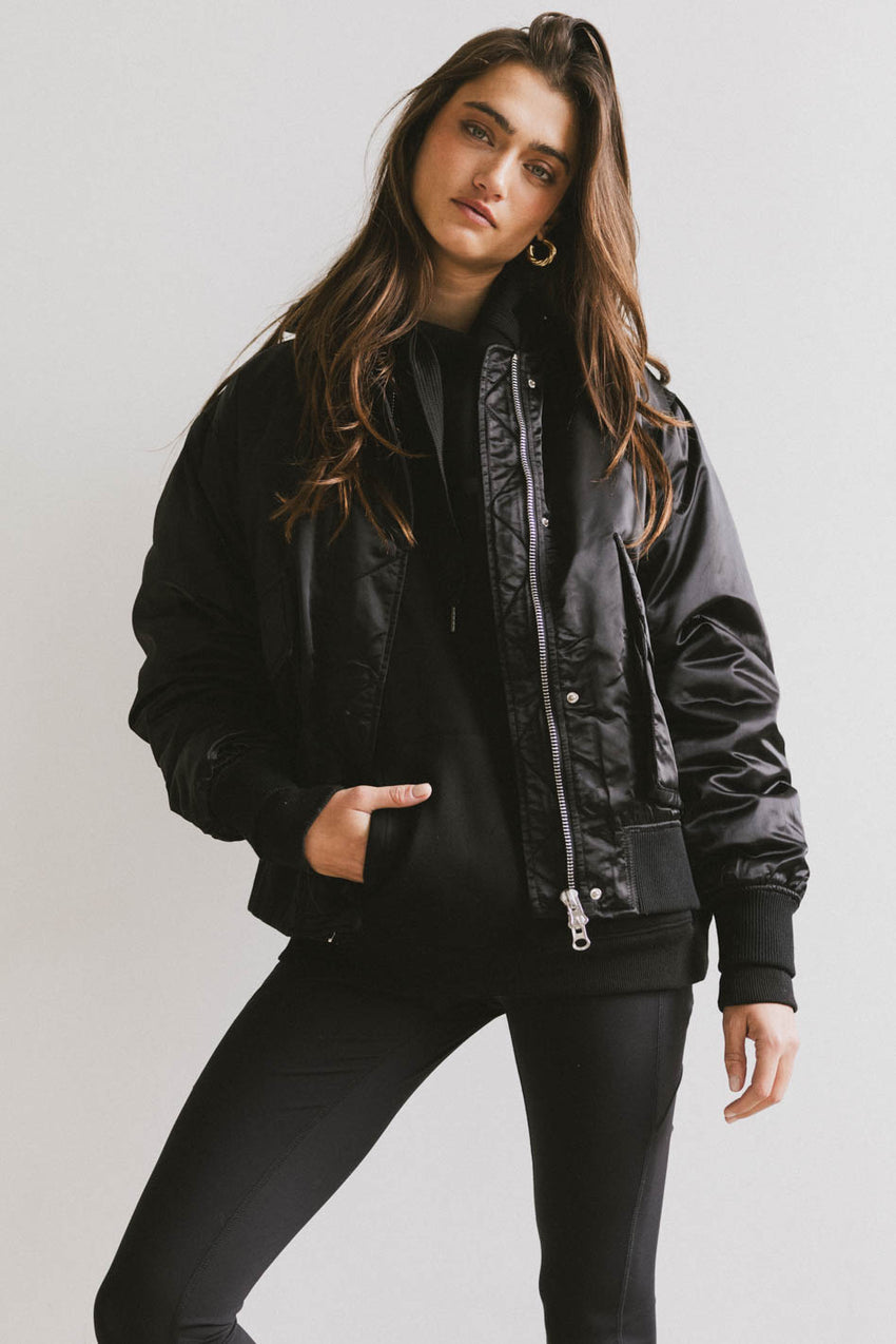 Rylee Satin Bomber Jacket in Black - FINAL SALE