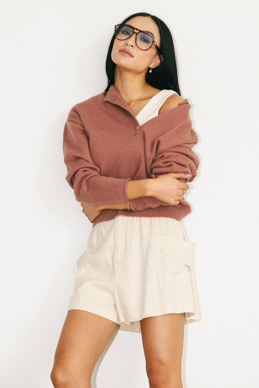 Meli Button Front Knit Sweater in Mauve - FINAL SALE