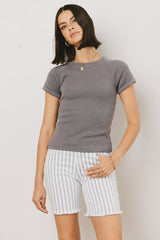 Kammie Ribbed Basic Tee in Slate Blue - FINAL SALE