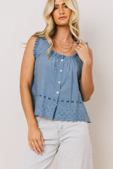 Dorian Embroidered Blouse in Denim - FINAL SALE