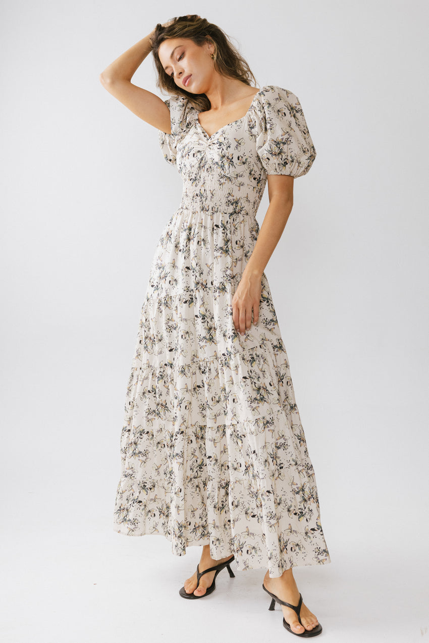Robbie Floral Midi Dress in Beige - FINAL SALE