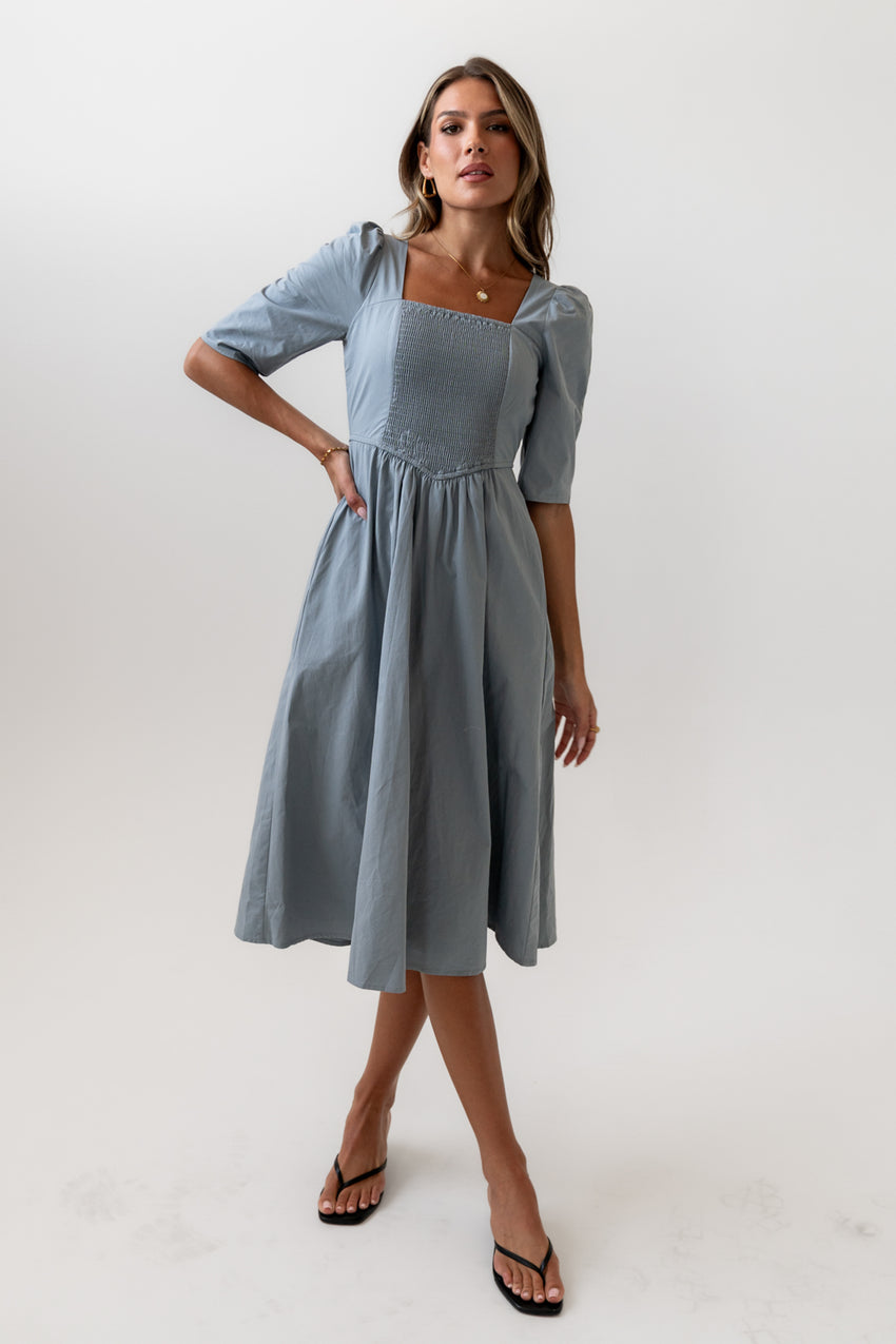 Paisley Smocked Midi Dress in Slate Blue - FINAL SALE