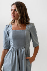 Paisley Smocked Midi Dress in Slate Blue - FINAL SALE