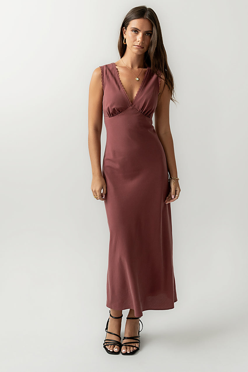 Hailey Lace Trim Maxi Dress in Marsala - FINAL SALE