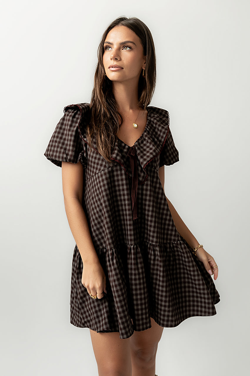 Tony Gingham Baby Doll Dress in Brown - FINAL SALE